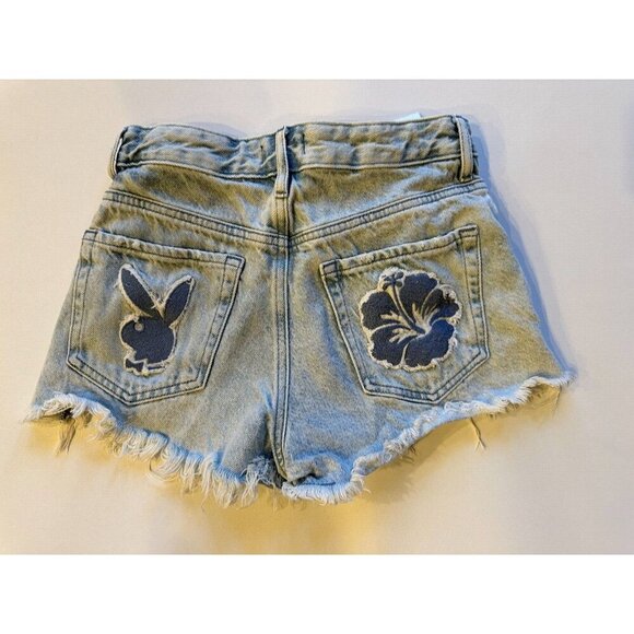 Playboy By Pacsun Shorty short shorts light wash Denim Bunny patch 24 - Picture 1 of 7
